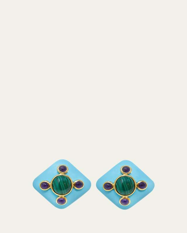 Rhombus Resin Earrings with Malachite and Amethyst